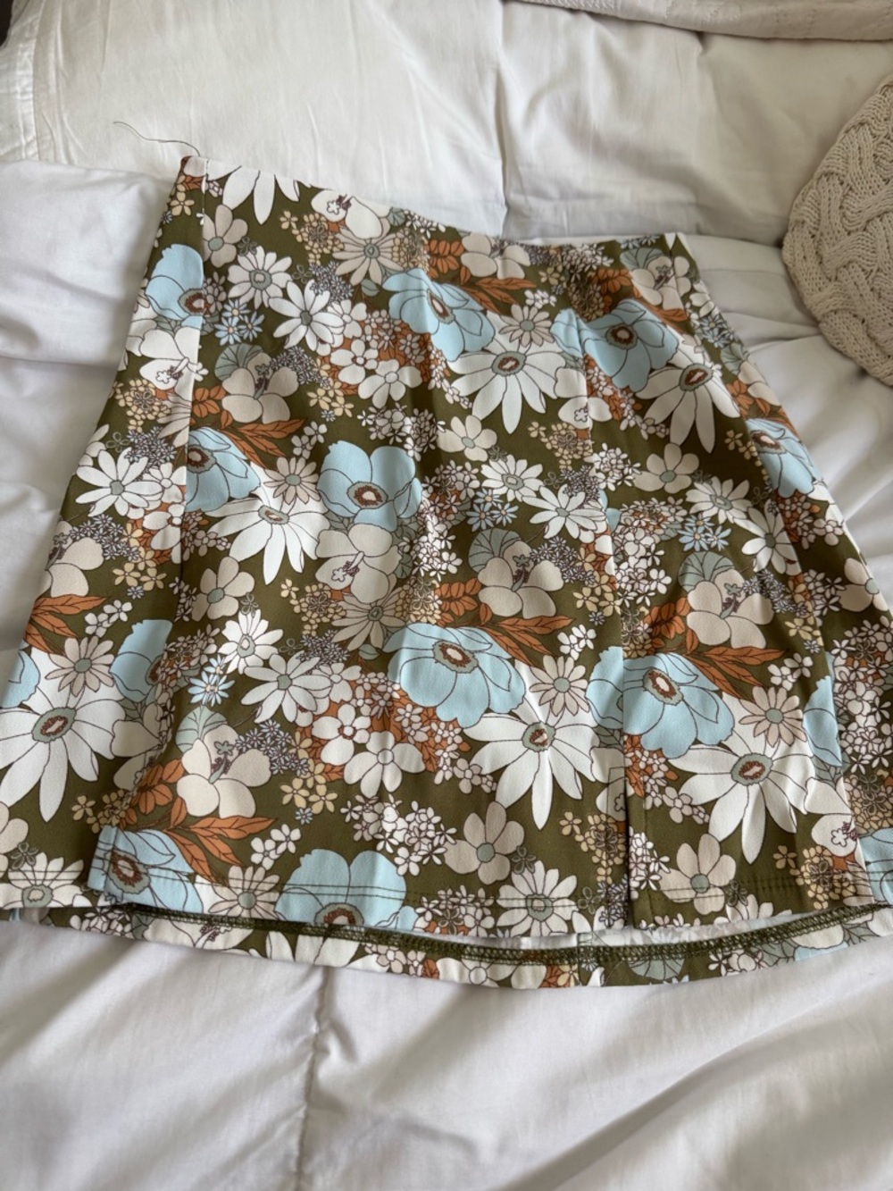 Floral A-Line Skirt in Olive with Blue and Cream Flowers